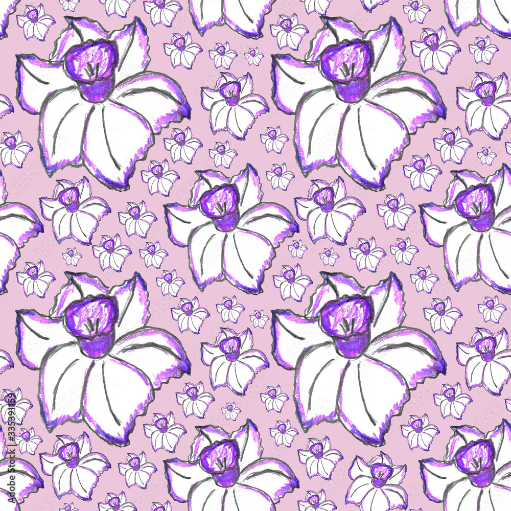 Obraz premium Seamless pattern of daffodil flowers. Color illustration, handmade. Botanical hand-drawn illustration.Design for packaging, weddings, fabrics, textiles, Wallpaper, website, postcards.