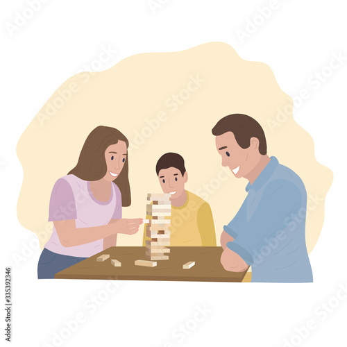 Mom, dad, son play jenga. Vector illustration.