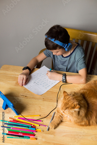 Cute male student studies online with his tablet and headphones at home with his red cat during covid 19 quarantine.