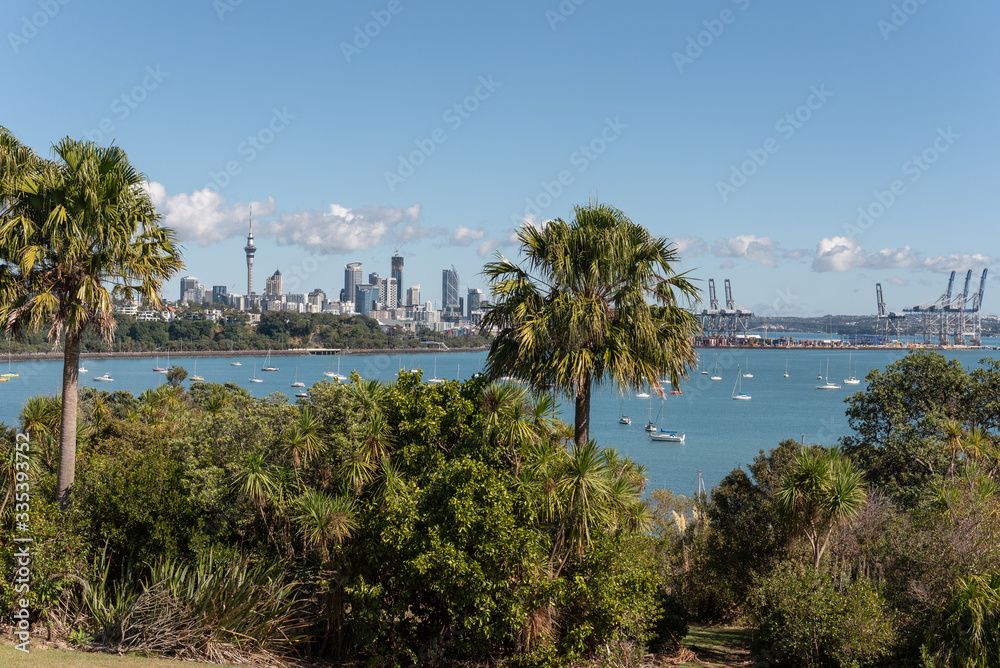 View of the Auckland City skyline and the port from an elevated location in Orakei across Hobson Bay, on a sunny afternoon.