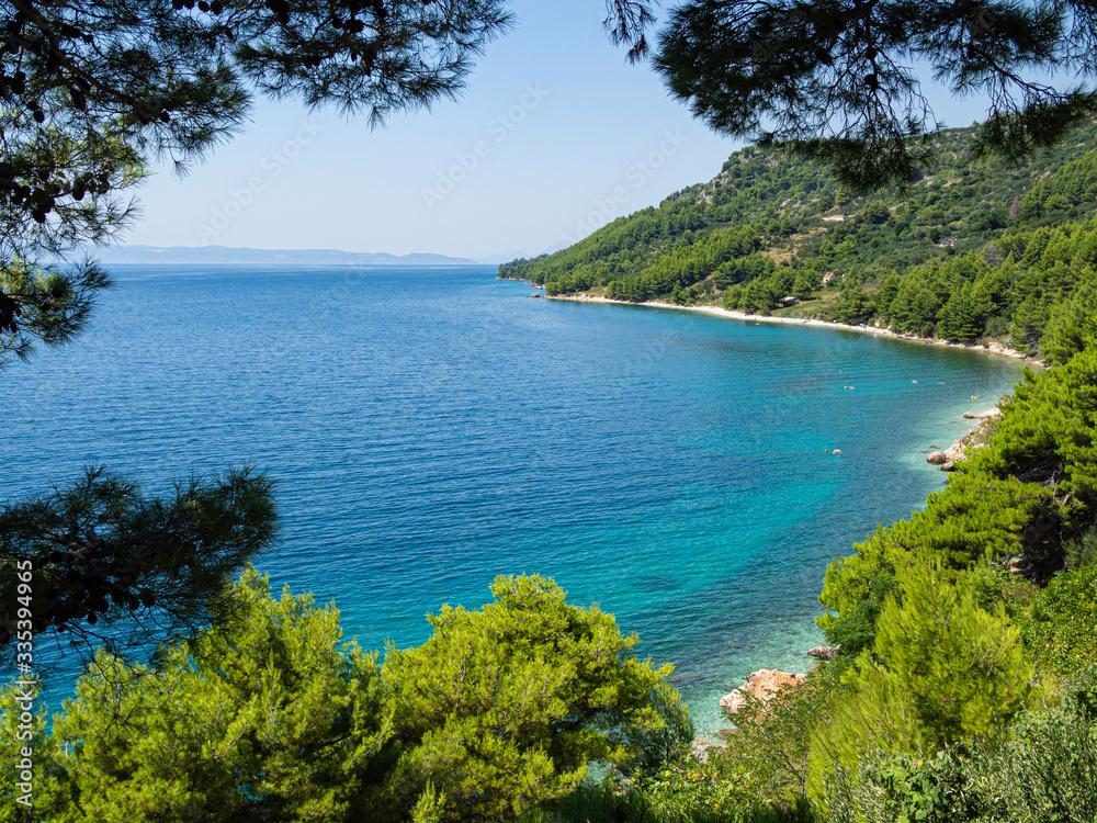 Naklejka premium Paisaje idílico enmarcado en verde en la costa croata, en verano de 2019