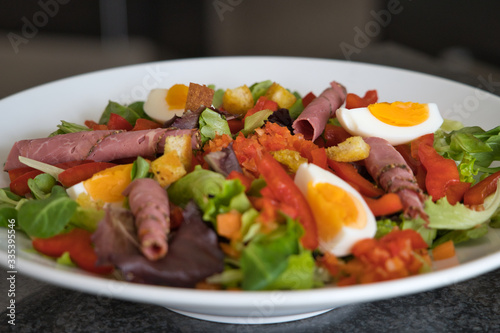 Gemischter Bio Salat Teller mit Tomaten, Eier, Schinken und Croutons, Prduktbild