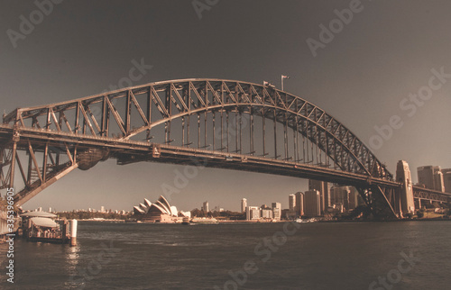 Sepia view on Sydney Harbor bridge and opera house