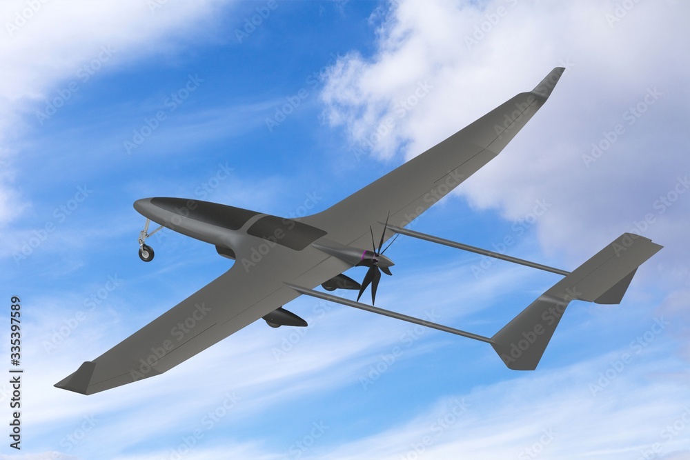 Obraz premium Unmanned military drone uav on patrol air territory at low altitude. 3D render