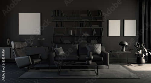 Dark room with picture frames in plain monochrome gray tones with sofa,chair,bookshelf on a carpet. Black background. 3D rendering