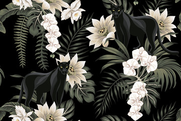 Wandcirkels Orchidee patronen Vintage zwarte panter tussen orchideeën  © good_mood