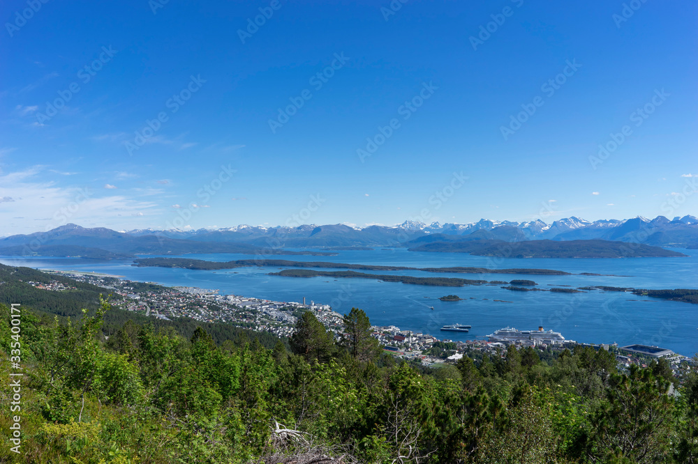 Panoramic mountain view with some islands in the fjord in Molde, Norway