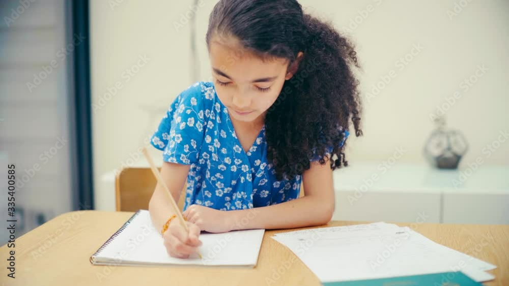 Young girl home schooling. Self isolation during Covid-19 crisis Young girl home schooling. Self isolation during Covid-19 crisis