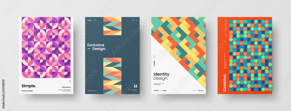 Company identity brochure template collection. Business presentation vector A4 vertical orientation front page mock up set. Corporate report cover abstract geometric illustration design layout bundle.