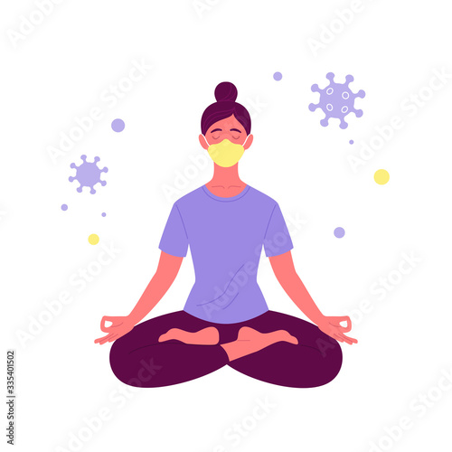 Coronavirus quarantine concept. Vector illustration of a young woman in lotus yoga position with medical mask on her face. Isolated on white