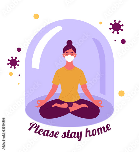 Coronavirus quarantine concept. Vector illustration of a young woman in lotus yoga position with medical mask on her face, sitting under a protective glass bell jar. Isolated on white