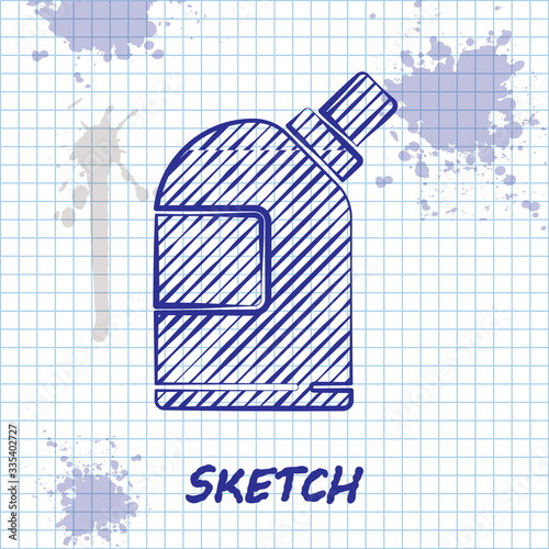Sketch line Plastic bottles for laundry detergent, bleach, dishwashing liquid or another cleaning agent icon isolated on white background. Vector Illustration