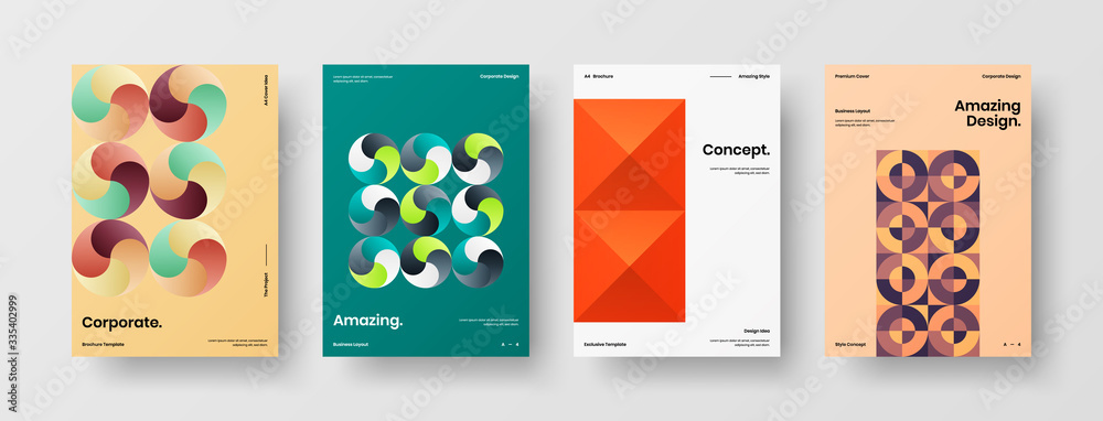 Company identity brochure template collection. Business presentation vector A4 vertical orientation front page mock up set. Corporate report cover abstract geometric illustration design layout bundle. Company identity brochure template collection. Business presentation vector A4 vertical orientation front page mock up set. Corporate report cover abstract geometric illustration design layout bundle.