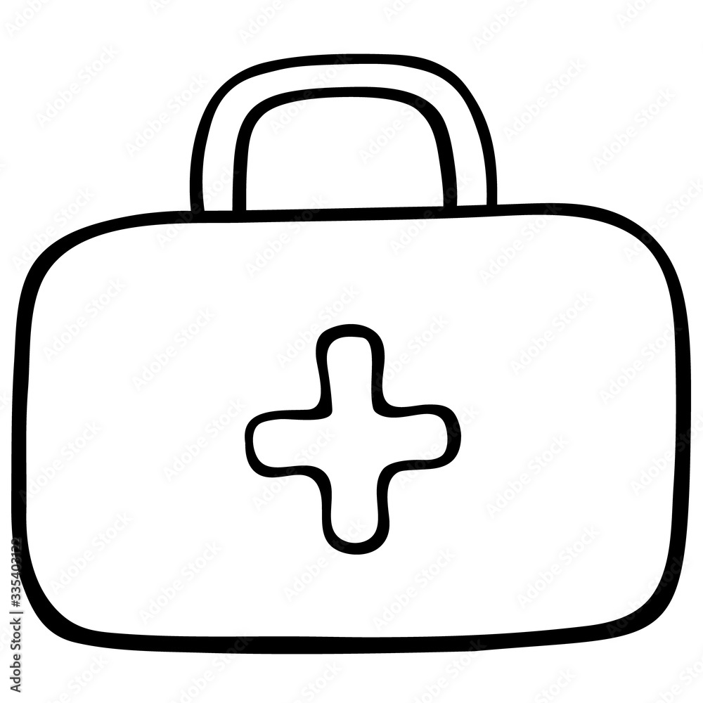 Medicine bag. A briefcase with first aid items. Vector illustration. Contour on an isolated background. Sketch. Coloring book for children. First aid bag. Medicine bag. Doodle style. Medical topics. Medicine bag. A briefcase with first aid items. Vector illustration. Contour on an isolated background. Sketch. Coloring book for children. First aid bag. Medicine bag. Doodle style. Medical topics.