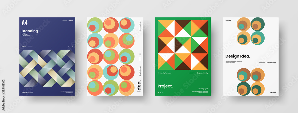 Fototapeta premium Company identity brochure template collection. Business presentation vector A4 vertical orientation front page mock up set. Corporate report cover abstract geometric illustration design layout bundle.