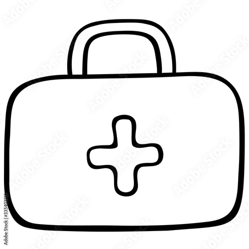 Medicine bag. A briefcase with first aid items. Vector illustration. Contour on an isolated background. Sketch. Coloring book for children. First aid bag. Medicine bag. Doodle style. Medical topics.