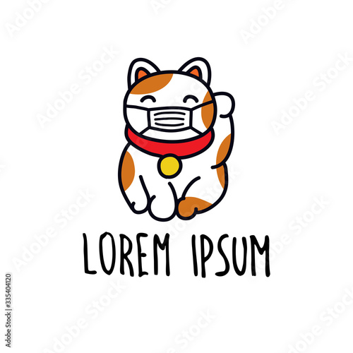 maneki neko in a protective mask doodle icon, vector illustration