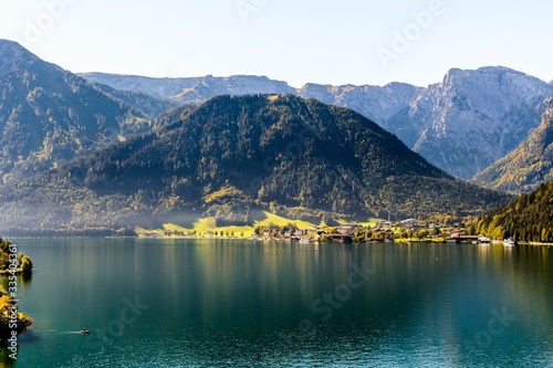 View on Achensee - Achen Lake, with blue sky, alps mountains. Pertisau. Tyrol, Tirol. Austria