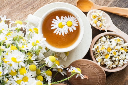 cup of herbal chamomile tea and daisy flowers. doctor treatment and prevention of immune concept  medicine - folk  alternative  complementary  traditional medicine