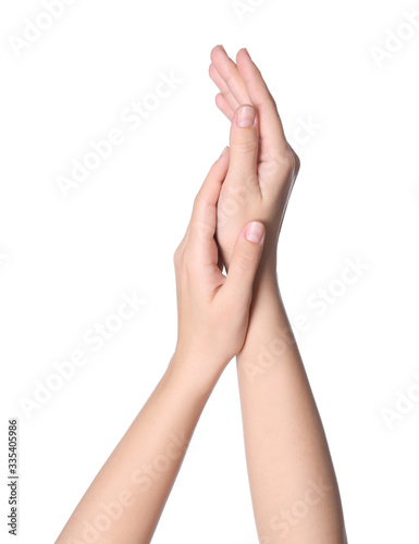 Woman against white background  closeup on hands