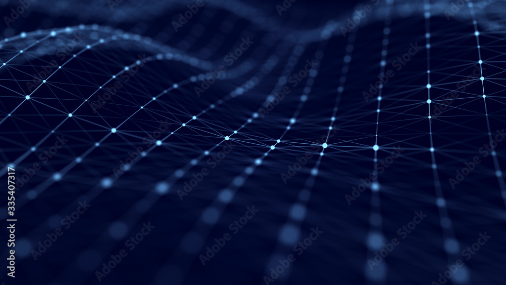 Wave of interlacing points and lines. Abstract background. Technological style. Big data. 3d rendering.