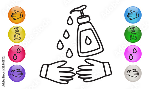 Washing, Disinfecting hands with liquid soap. Hand sanitizer gel pump dispenser icon. Vector illustration EPS 10
