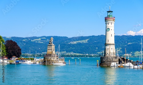 Lighthouse in harbor Lindau island. Bodensee lake Constance, Germany.
