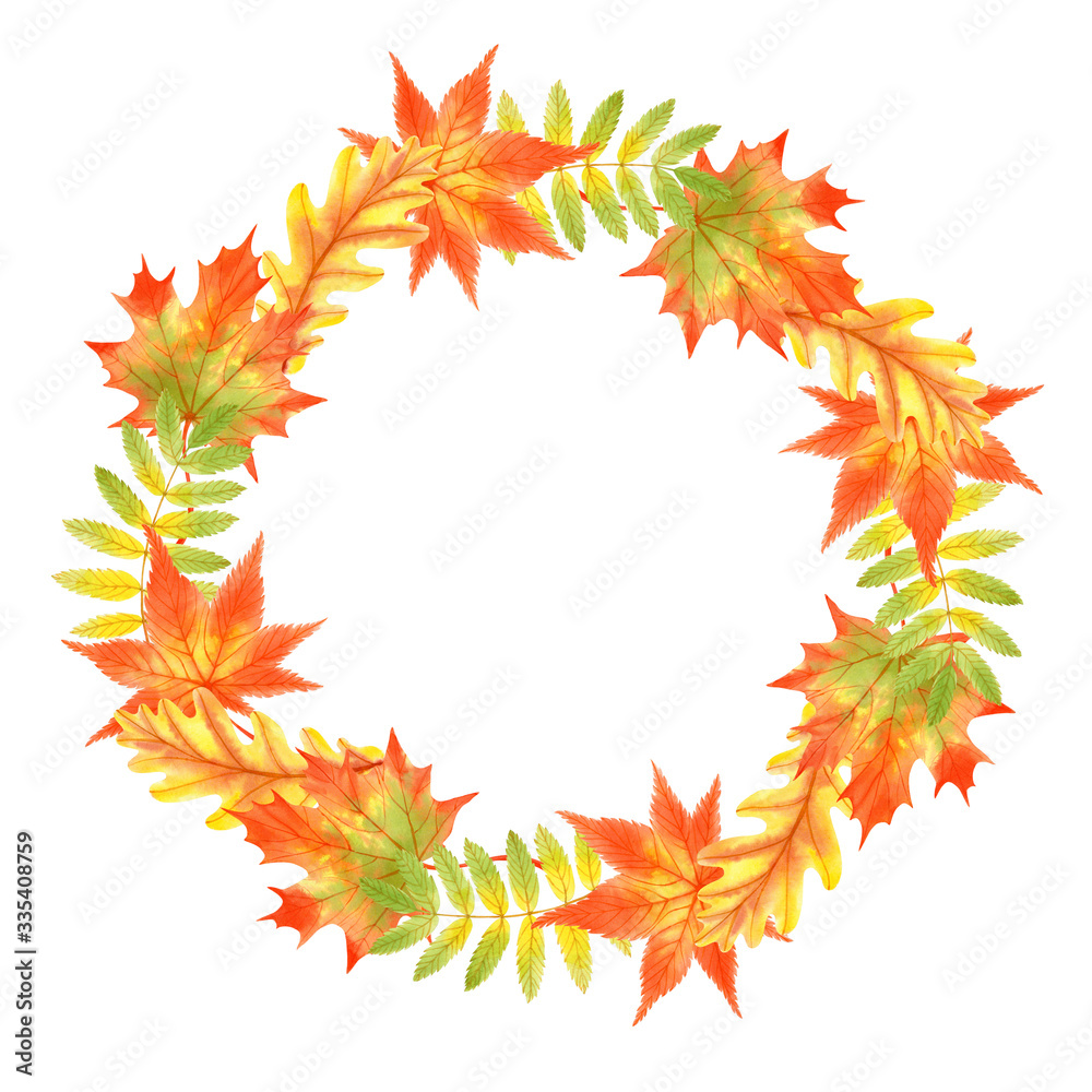 Wreath of autumn leaves. Hand drawn watercolor isolated on white background. For invitations, posters, web design.