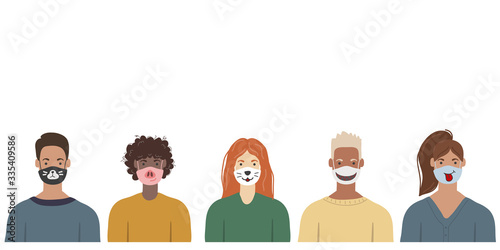 People wearing funny medical face masks to prevent disease, flu, air pollution.