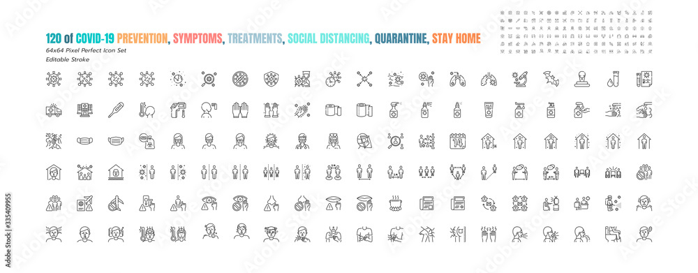 Simple Set of Covid-19 Prevention Line Outline Icons. such Icons as Protective Measures, Coronavirus, Social Distancing, Symptoms, Quarantine, Stay at Home. 64x64 Pixel Perfect. Editable Stroke. Simple Set of Covid-19 Prevention Line Outline Icons. such Icons as Protective Measures, Coronavirus, Social Distancing, Symptoms, Quarantine, Stay at Home. 64x64 Pixel Perfect. Editable Stroke.