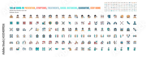 Simple Set of Covid-19 Prevention Filled Outline Icons. such Icons as Protective, Coronavirus, Social Distancing, Symptoms, Quarantine, Stay at Home, Hand Washing 64x64 Pixel Perfect. Editable Stroke.