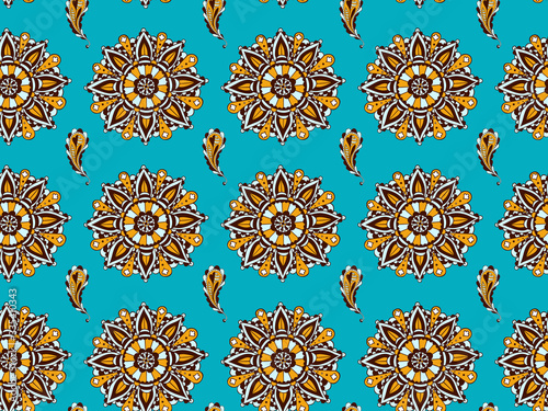 Seamless indian pattern of mandalas and paisley with flowers inside drawn by hand on a turquoise background. Bright colors from the pantone palette. For textile, fabric, fashion, wallpaper. Vector.