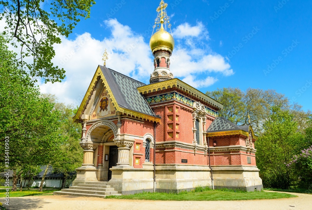 Naklejka premium Beautiful russian orthodox Church in Kurpark Bad Homburg. The first stone built by last Emperor Czar Nikolai II. Hessen, Germany
