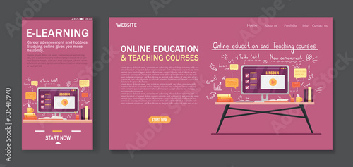 Mobile App design and Landing page design template for Online Education, courses, E-learning, Video Tutorials and Online testing. Easy to edit and customize. Modern Vector illustration concepts