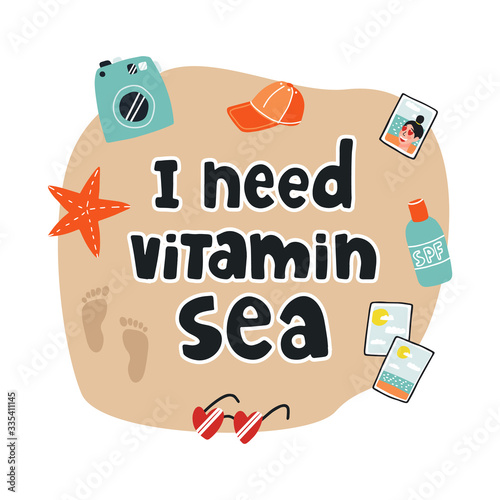Colorful and fun summer banner and card design. I need vitamin sea hand drawn lettering, foots print on sand, sunscreen, photos from the vacation and selfie and camera, hearts sunglasses, cap.