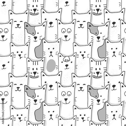 Funny cats black and white seamless pattern.
