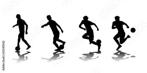 Vector illustration. The guy juggles the ball in the air. Feint "rainbow". Set of isolated soccer silhouettes. Summer sports games. Footballer freestyle skills. Body moves