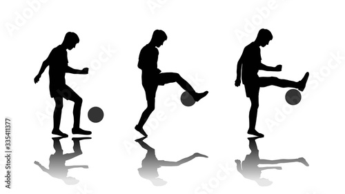 Vector illustration. The guy juggles the ball in the air. Feint "around the world". Set of isolated soccer silhouettes. Summer sports games. Footballer freestyle skills. Body moves