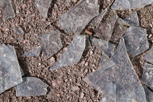 Shattered dirty glass on asphalt close up.