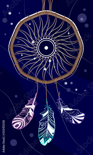 Dreamcatcher in the starry sky, Sun and feathers in the esoteric symbol, shamanistic attributes, abstract image of the solar disk in the Universe, cosmic linear drawing of the Dreamcatcher