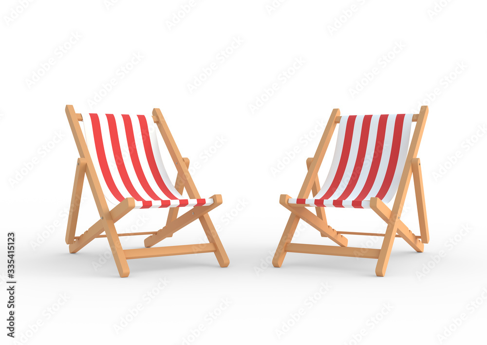 Two beach chairs isolated on white background. Summer vacation concept. Minimalism concept. 3D Rendering, 3D Illustration Two beach chairs isolated on white background. Summer vacation concept. Minimalism concept. 3D Rendering, 3D Illustration