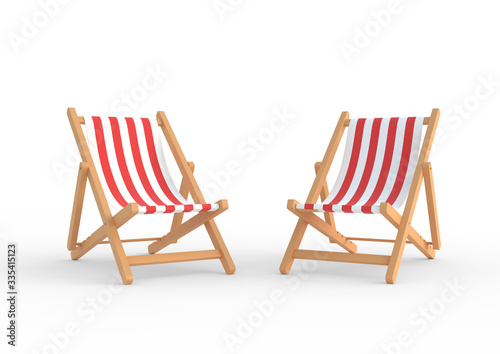 Two beach chairs isolated on white background. Summer vacation concept. Minimalism  concept. 3D Rendering  3D Illustration