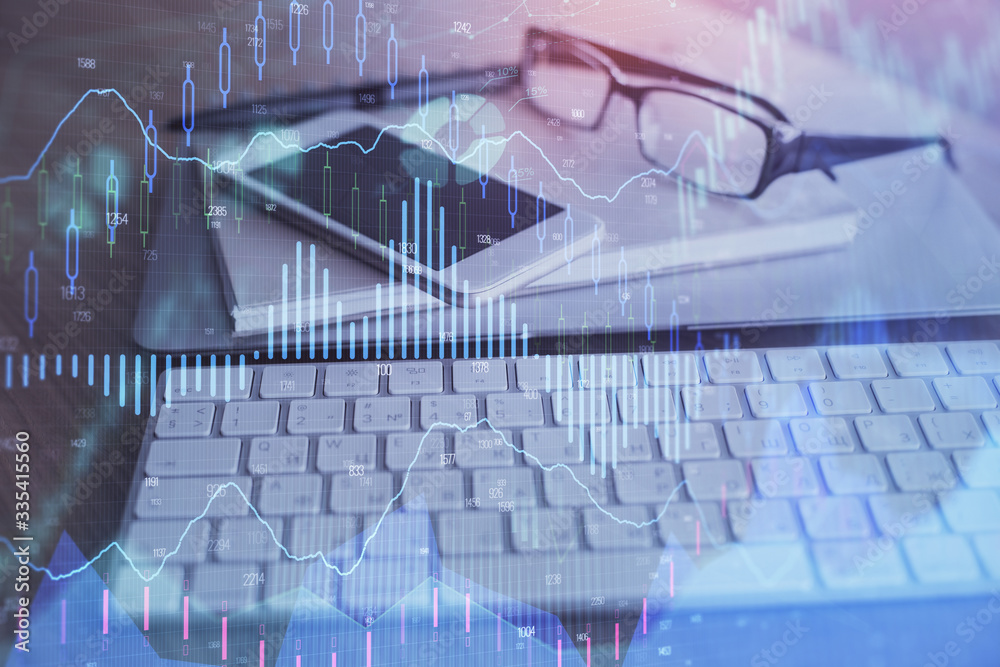 Double exposure of forex chart drawing and cell phone background. Concept of financial trading Double exposure of forex chart drawing and cell phone background. Concept of financial trading