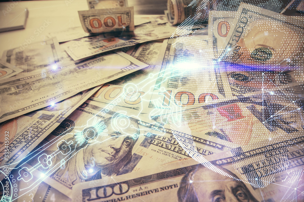 Double exposure of tech theme drawing over usa dollars bill background. Concept of technology. Double exposure of tech theme drawing over usa dollars bill background. Concept of technology.