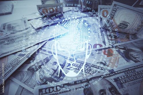 Double exposure of brain drawing over us dollars bill background. Technology concept. © peshkova