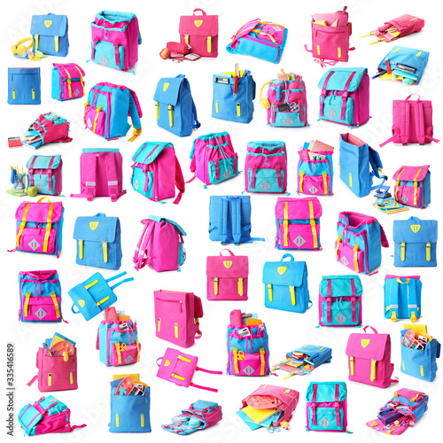 Many school backpacks on white background