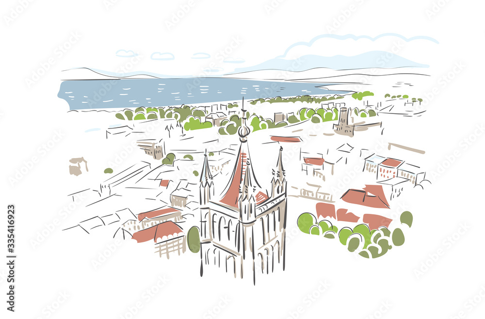 Lausanne Switzerland Europe vector sketch city illustration line art