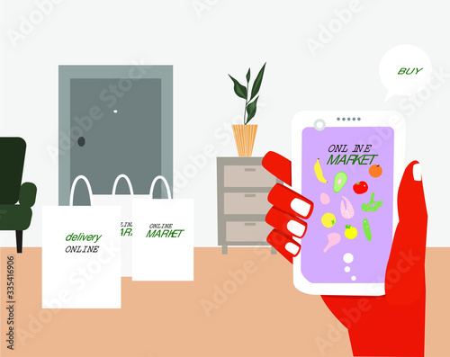 Order grocery delivery online. Concept order food with smartphone and pay with credit card. Cart with different groceries.Delivery parcel to door. Vector illustration in flat style