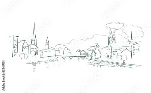 Zurich Switzerland Europe vector sketch city illustration line art