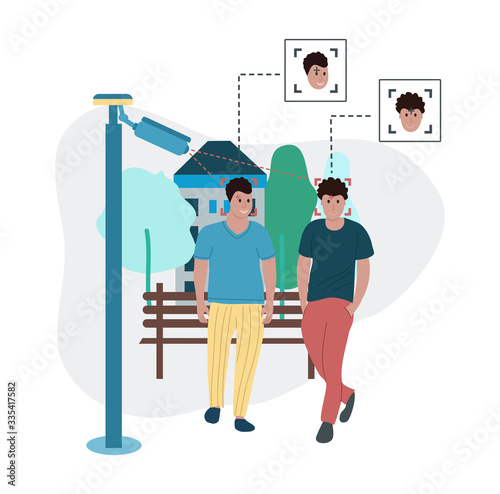 Face recognition illustration. Face recognition by camcorder. CCTV. The surveillance camera recognizes the faces of men. The camcorder recognizes the faces of walking guys